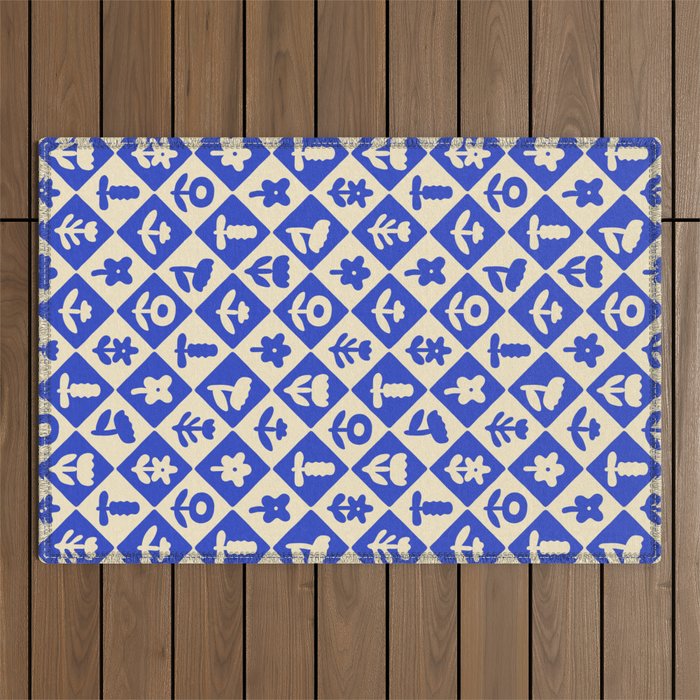 Vintage geometric blue flower art pattern Outdoor Rug Gallery Image 1