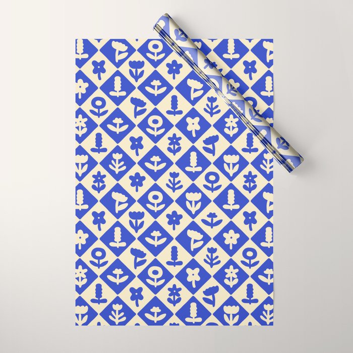 Vintage geometric blue flower art pattern Wrapping Paper Gallery Image 1