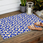 Vintage geometric blue flower art pattern Outdoor Rug Gallery Image 2