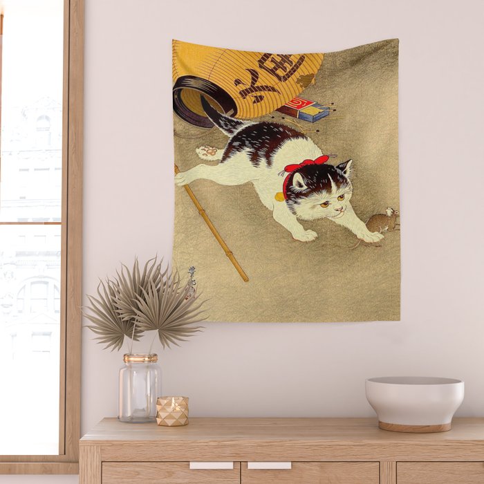 Japanese Woodblock Print Cat Lantern Playful Vintage Art Wall Tapestry Gallery Image 2