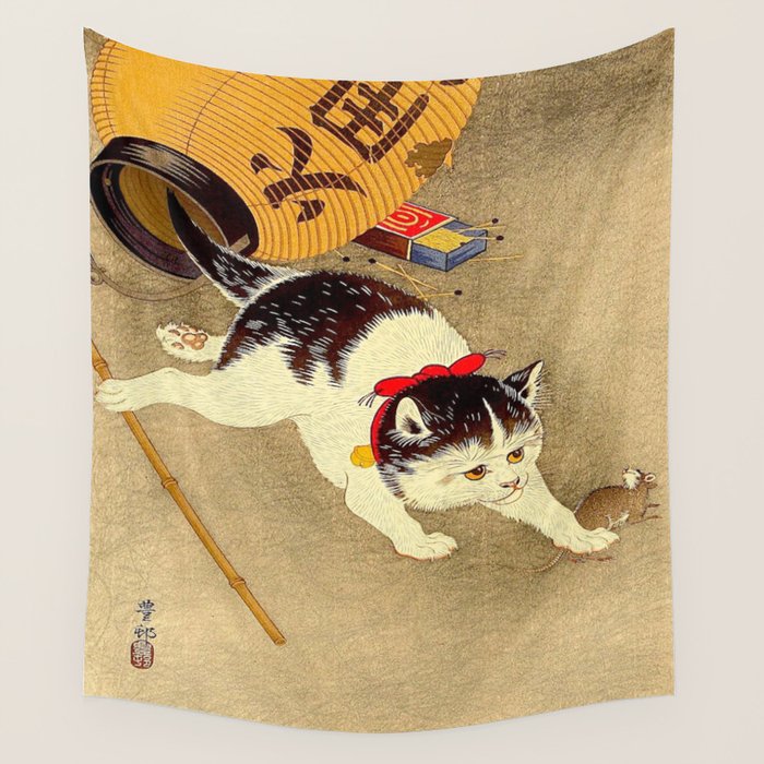 Japanese Woodblock Print Cat Lantern Playful Vintage Art Wall Tapestry Gallery Image 4