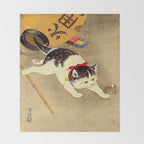 Japanese Woodblock Print Cat Lantern Playful Vintage Art Throw Blanket Gallery Image 2