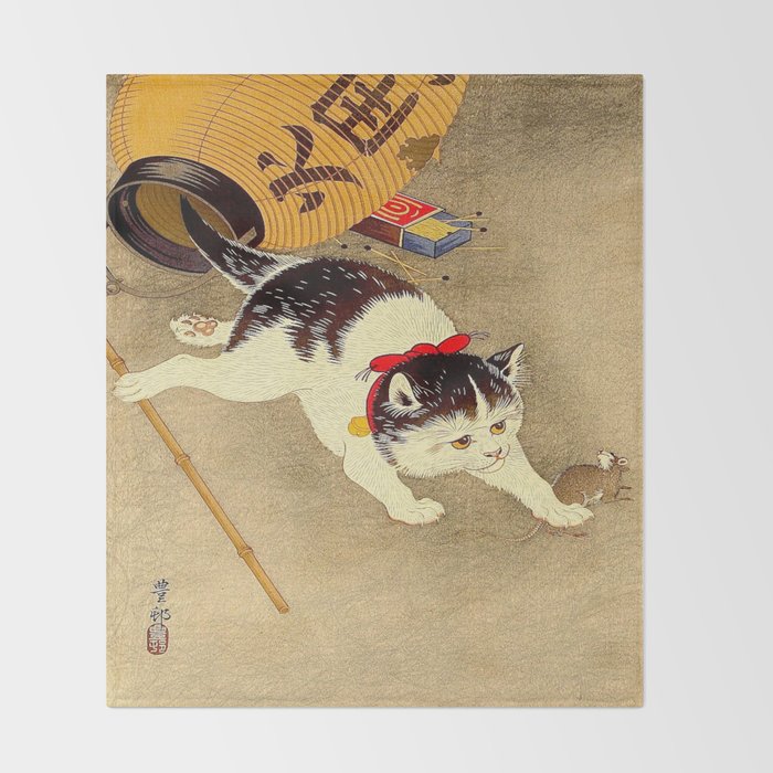 Japanese Woodblock Print Cat Lantern Playful Vintage Art Throw Blanket Gallery Image 2