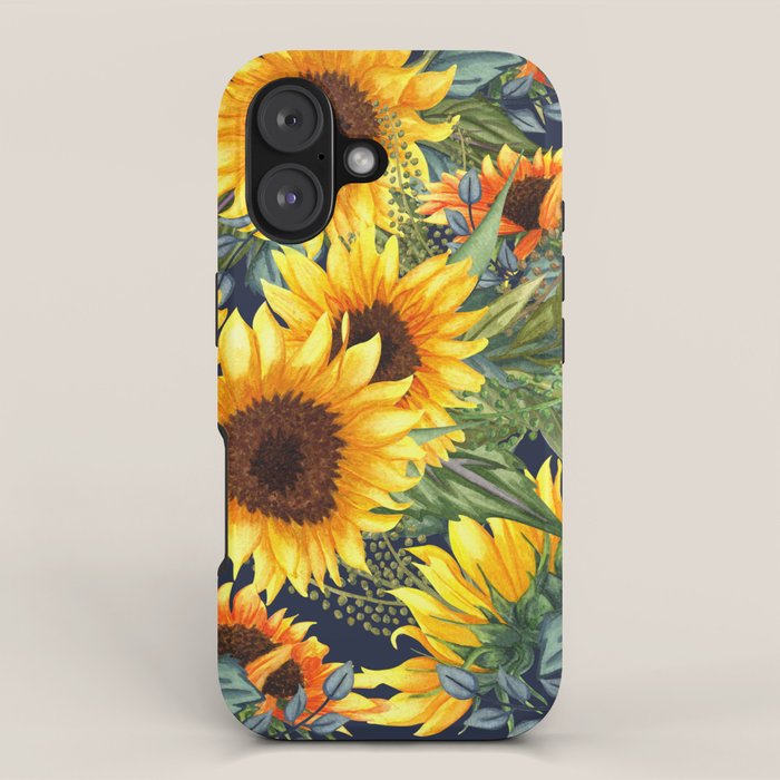 Festive, Sunflower, Yellow and Green on Navy Blue, Floral Prints iPhone Case Gallery Image 1