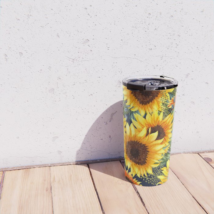 Festive, Sunflower, Yellow and Green on Navy Blue, Floral Prints Travel Mug Gallery Image 4