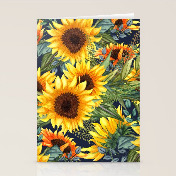 Festive, Sunflower, Yellow and Green on Navy Blue, Floral Prints Stationery Card Gallery Image 2