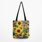 Festive, Sunflower, Yellow and Green on Navy Blue, Floral Prints Tote Bag Gallery Image 2