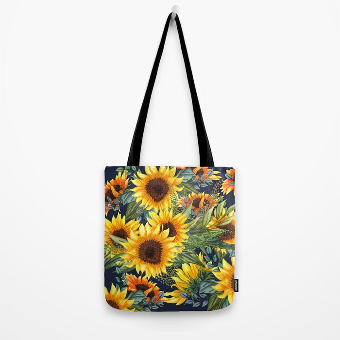 Festive, Sunflower, Yellow and Green on Navy Blue, Floral Prints Tote Bag Gallery Image 2