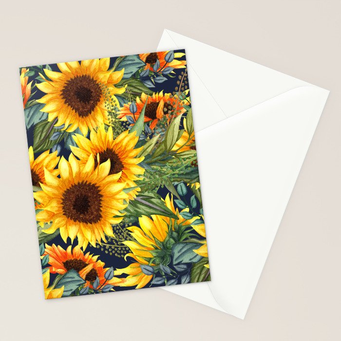 Festive, Sunflower, Yellow and Green on Navy Blue, Floral Prints Stationery Card Gallery Image 2