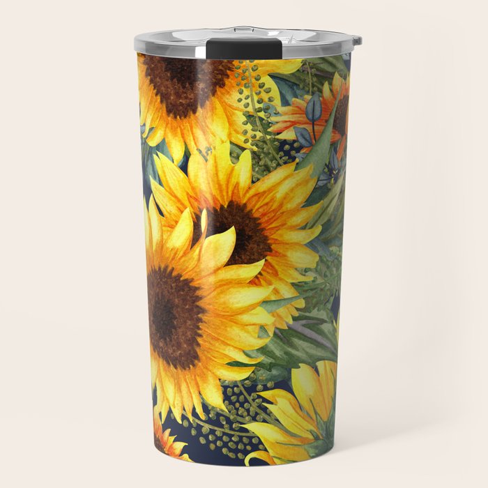 Festive, Sunflower, Yellow and Green on Navy Blue, Floral Prints Travel Mug Gallery Image 1