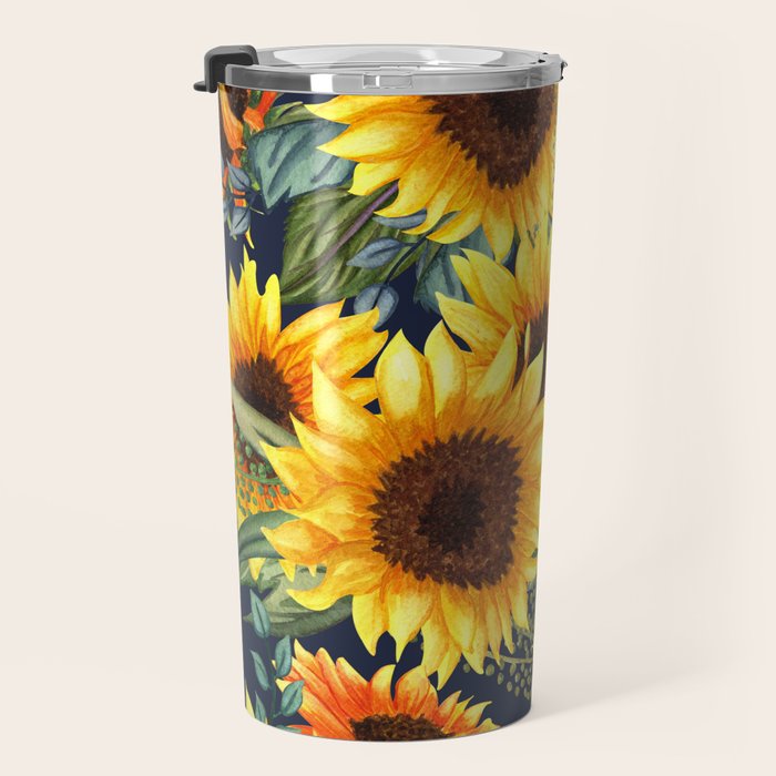 Festive, Sunflower, Yellow and Green on Navy Blue, Floral Prints Travel Mug Gallery Image 3