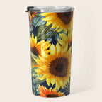 Festive, Sunflower, Yellow and Green on Navy Blue, Floral Prints Travel Mug Gallery Image 3