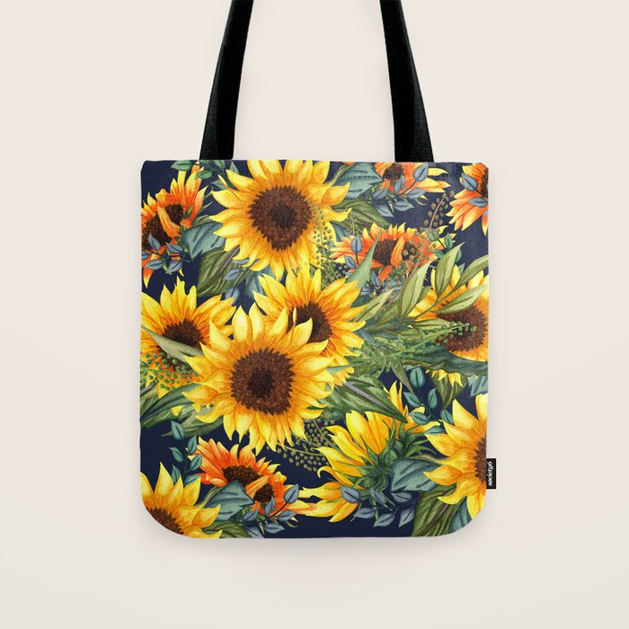 Festive, Sunflower, Yellow and Green on Navy Blue, Floral Prints Tote Bag Gallery Image 1