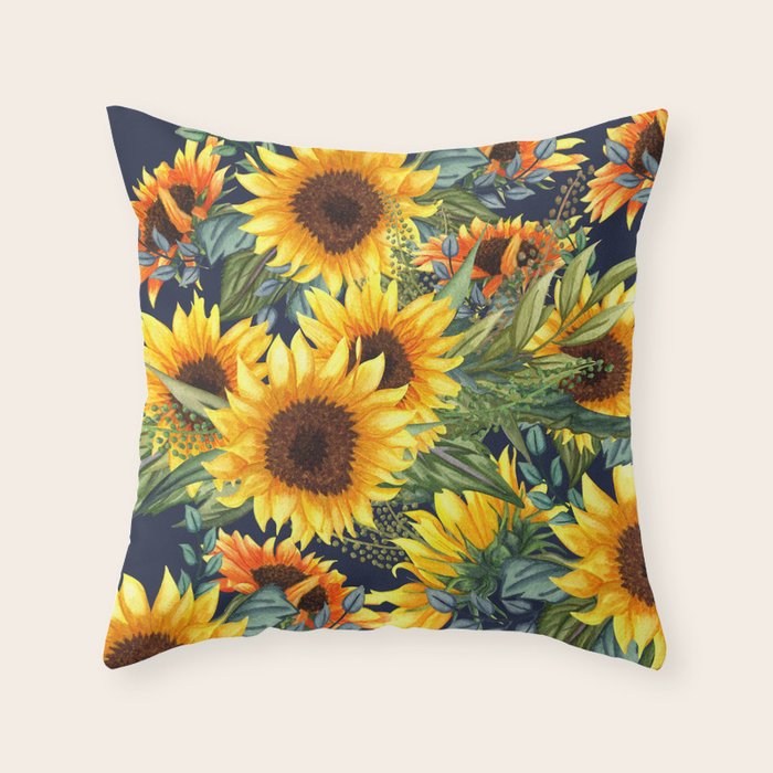 Festive, Sunflower, Yellow and Green on Navy Blue, Floral Prints Throw Pillow Gallery Image 6