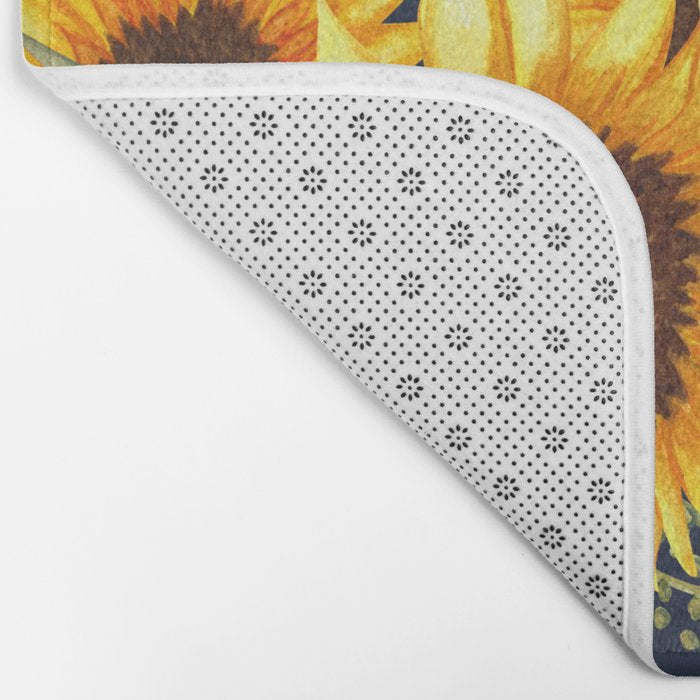 Festive, Sunflower, Yellow and Green on Navy Blue, Floral Prints Bath Mat Gallery Image 2