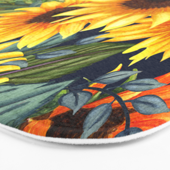Festive, Sunflower, Yellow and Green on Navy Blue, Floral Prints Bath Mat Gallery Image 3