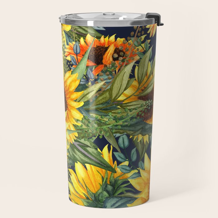 Festive, Sunflower, Yellow and Green on Navy Blue, Floral Prints Travel Mug Gallery Image 2