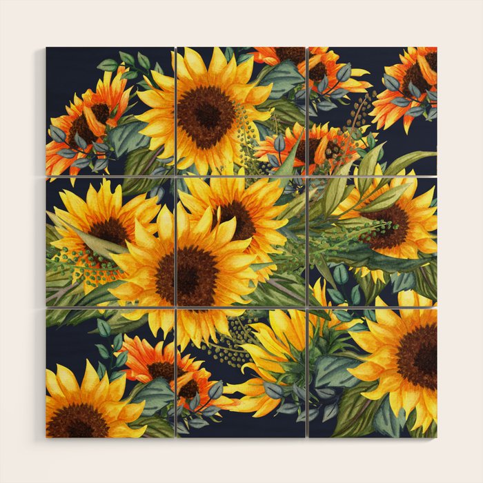 Festive, Sunflower, Yellow and Green on Navy Blue, Floral Prints Wood Wall Art Gallery Image 1