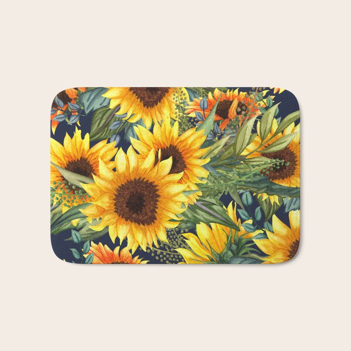 Festive, Sunflower, Yellow and Green on Navy Blue, Floral Prints Bath Mat Gallery Image 1
