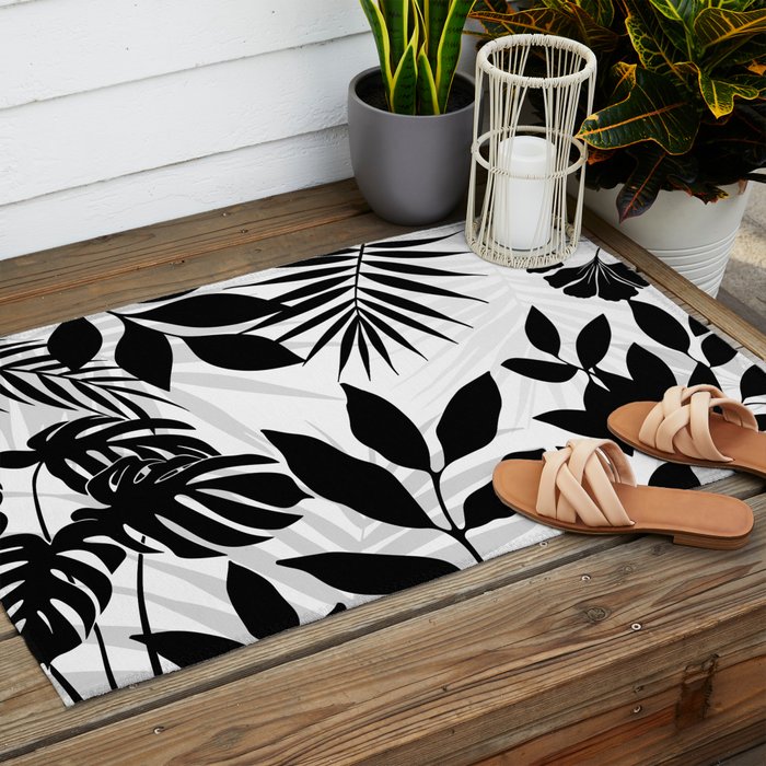 Tropical Vibes Black And White Foliage  Outdoor Rug Gallery Image 2