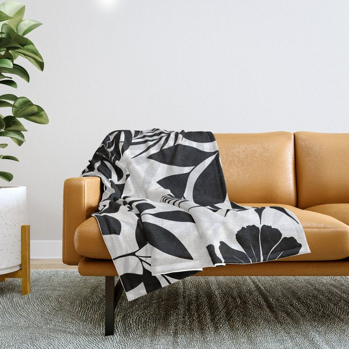 Tropical Vibes Black And White Foliage  Throw Blanket Gallery Image 1