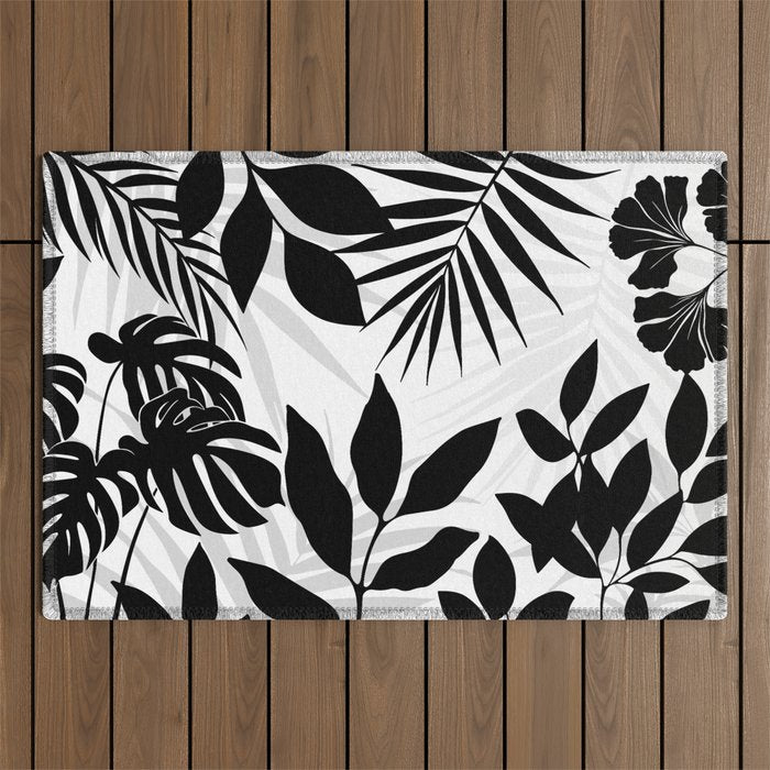 Tropical Vibes Black And White Foliage  Outdoor Rug Gallery Image 1