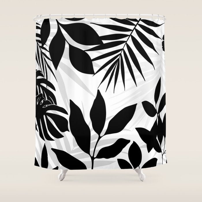 Tropical Vibes Black And White Foliage  Shower Curtain Gallery Image 1