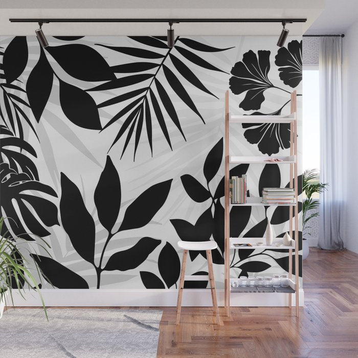Tropical Vibes Black And White Foliage  Wall Mural Gallery Image 1
