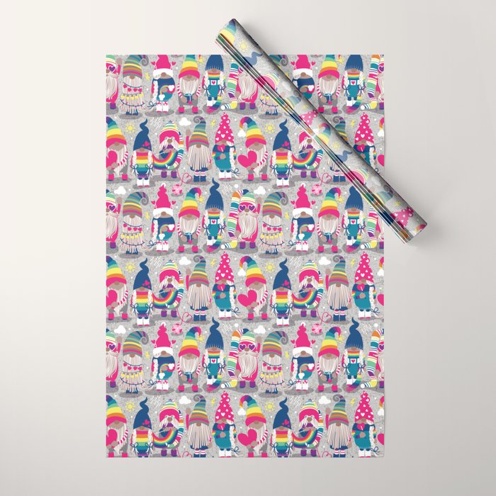 I gnome you // grey background little happy and lovely gnomes with rainbows fuchsia pink hearts Wrapping Paper Gallery Image 1