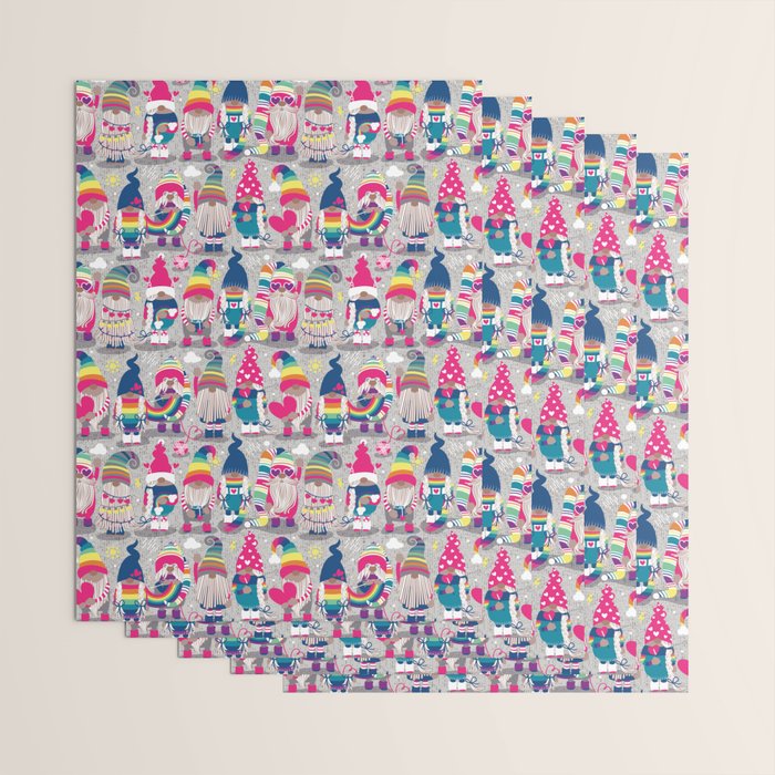 I gnome you // grey background little happy and lovely gnomes with rainbows fuchsia pink hearts Wrapping Paper Gallery Image 3