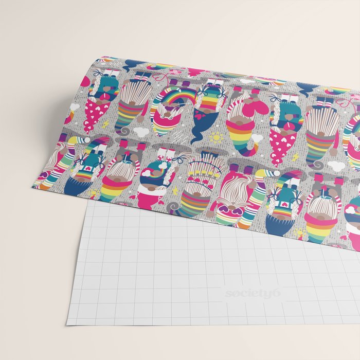 I gnome you // grey background little happy and lovely gnomes with rainbows fuchsia pink hearts Wrapping Paper Gallery Image 2