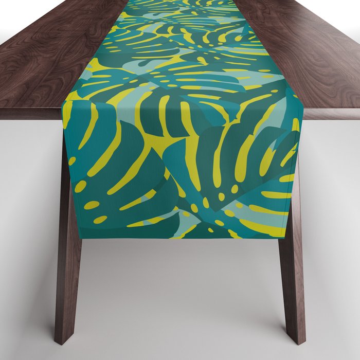 Monstera Leaves in Teal Table Runner Gallery Image 1