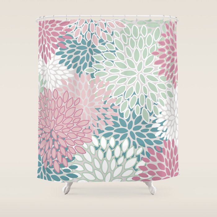 Floral Blooms, Soft Pink, Green and Teal, Design Prints Shower Curtain Gallery Image 1