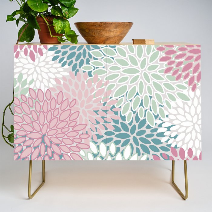 Floral Blooms, Soft Pink, Green and Teal, Design Prints Credenza Gallery Image 1