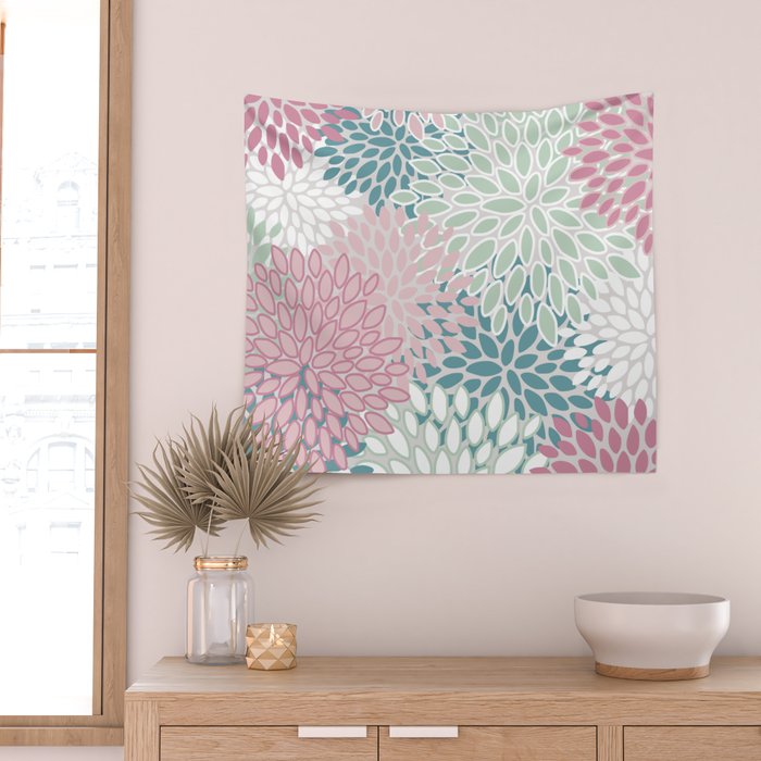 Floral Blooms, Soft Pink, Green and Teal, Design Prints Wall Tapestry Gallery Image 2