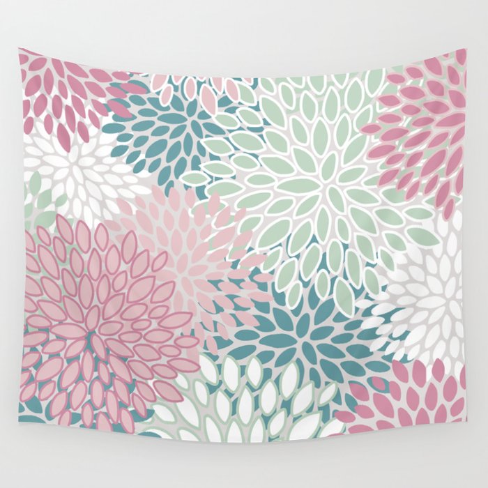 Floral Blooms, Soft Pink, Green and Teal, Design Prints Wall Tapestry Gallery Image 4