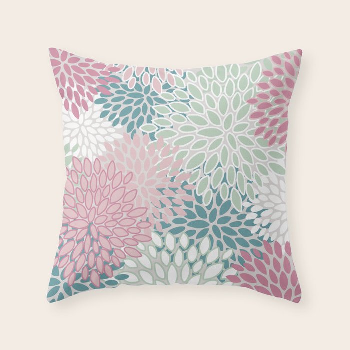 Floral Blooms, Soft Pink, Green and Teal, Design Prints Throw Pillow Gallery Image 6