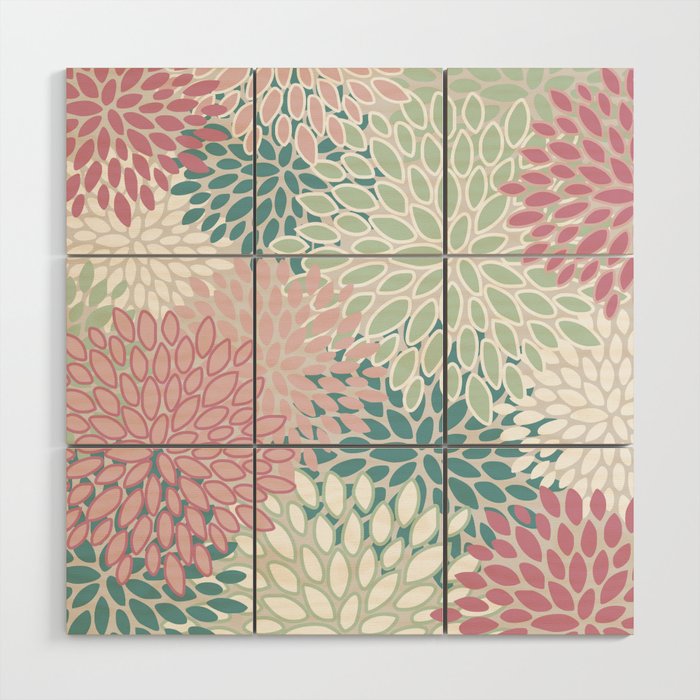 Floral Blooms, Soft Pink, Green and Teal, Design Prints Wood Wall Art Gallery Image 1