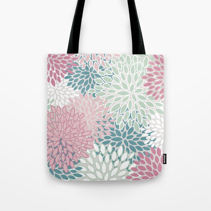 Floral Blooms, Soft Pink, Green and Teal, Design Prints Tote Bag Gallery Image 1