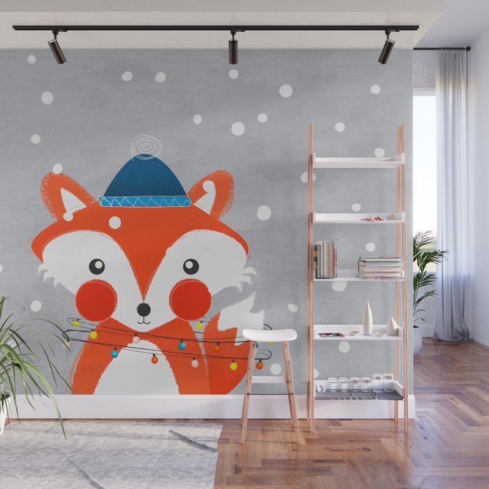 Christmas Fox with fairy lights Wall Mural Gallery Image 1