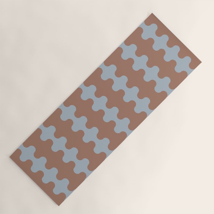 Wavy Stripes Mocha Brown and Dusty Light Blue Ogee A-Go-Go Pattern Yoga Mat Gallery Image 1