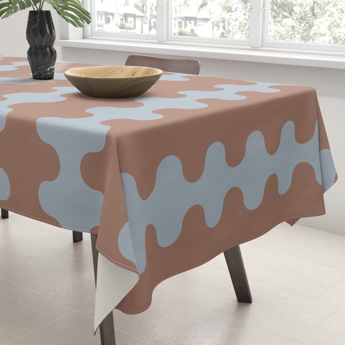 Wavy Stripes Mocha Brown and Dusty Light Blue Ogee A-Go-Go Pattern Tablecloth Gallery Image 3