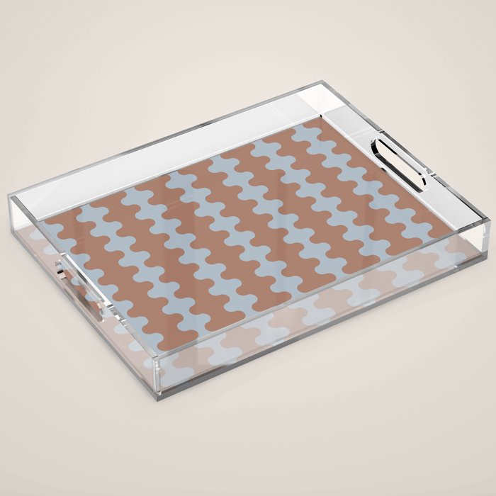 Wavy Stripes Mocha Brown and Dusty Light Blue Ogee A-Go-Go Pattern Acrylic Tray Gallery Image 1
