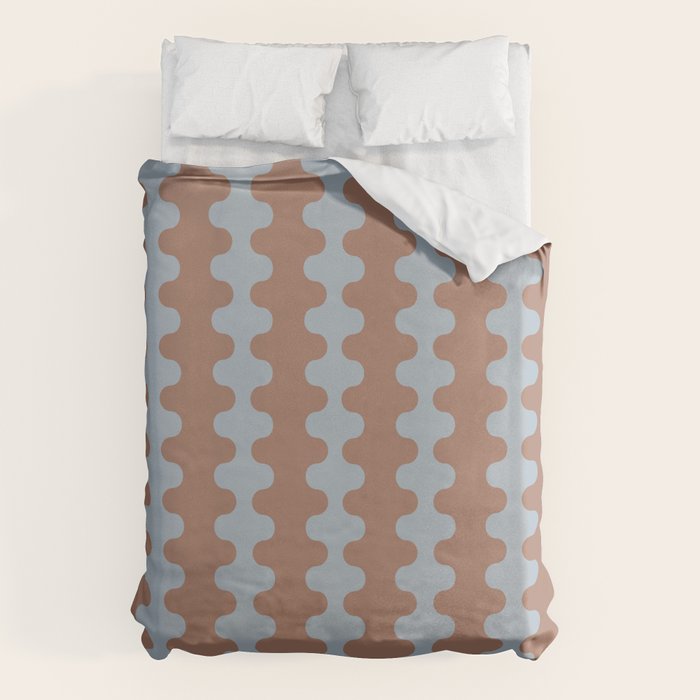 Wavy Stripes Mocha Brown and Dusty Light Blue Ogee A-Go-Go Pattern Duvet Cover Gallery Image 1