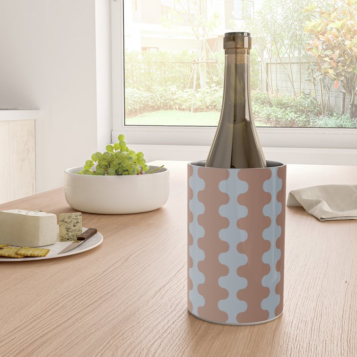 Wavy Stripes Mocha Brown and Dusty Light Blue Ogee A-Go-Go Pattern Wine Chiller Gallery Image 4