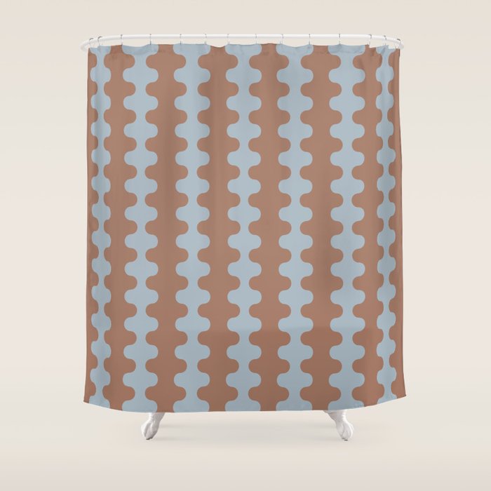Wavy Stripes Mocha Brown and Dusty Light Blue Ogee A-Go-Go Pattern Shower Curtain Gallery Image 1