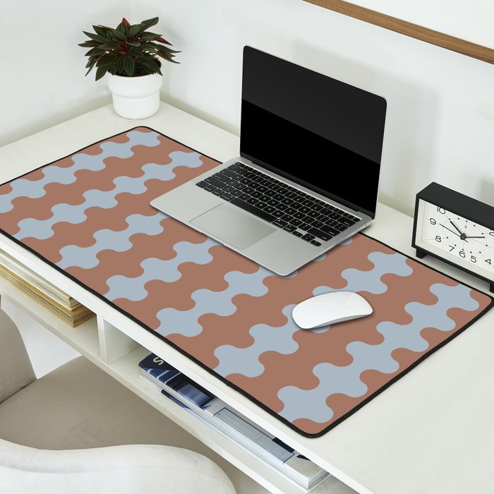 Wavy Stripes Mocha Brown and Dusty Light Blue Ogee A-Go-Go Pattern Desk Mat Gallery Image 2