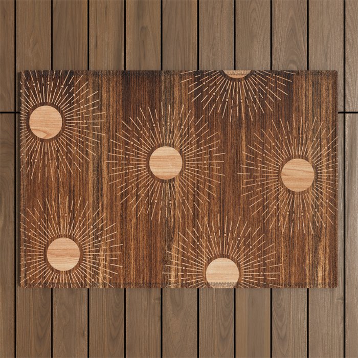 Boho sun Island style wood inlay art  Outdoor Rug Gallery Image 1