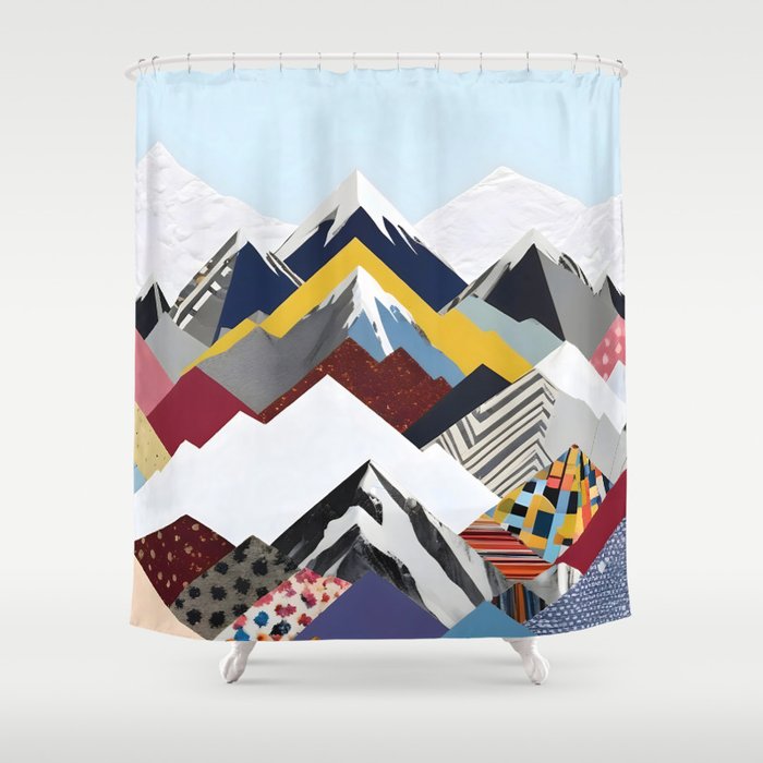 Snowcap Mountains, Graphic Collage Abstract, Eclectic Textures Patterns, Geometric Shapes Nature Landscape Winter Contemporary Shower Curtain Gallery Image 1