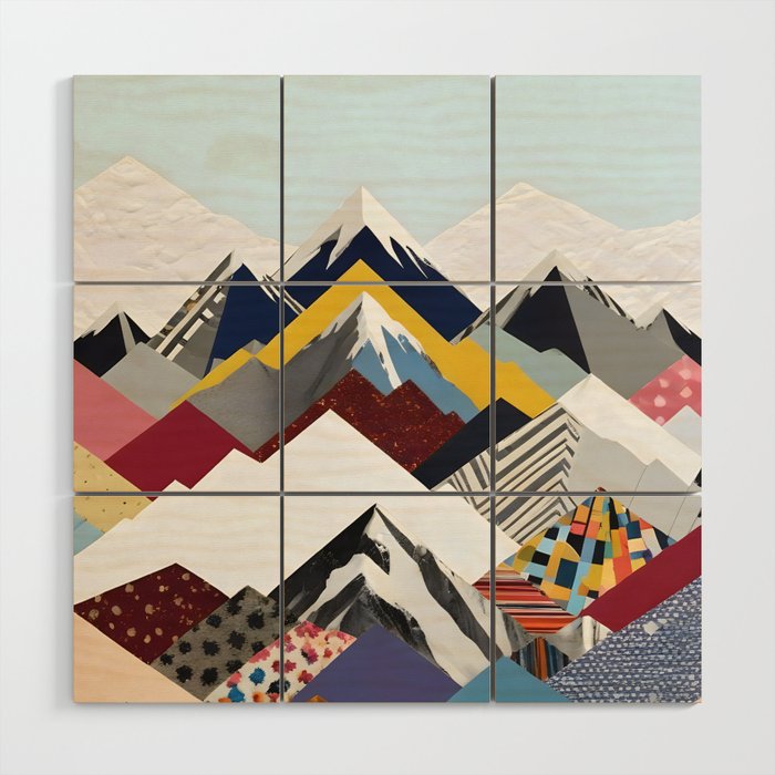 Snowcap Mountains, Graphic Collage Abstract, Eclectic Textures Patterns, Geometric Shapes Nature Landscape Winter Contemporary Wood Wall Art Gallery Image 1
